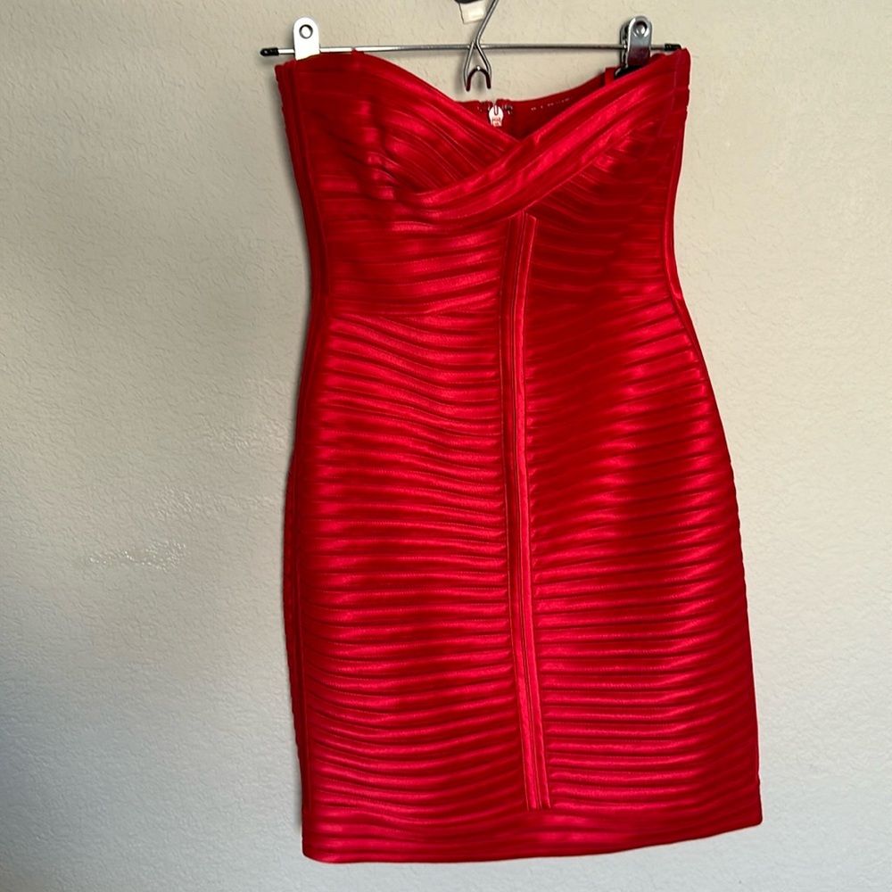 New BCBGMAXAZRIA Coarl Reef Bandage Strapless Satin Dress 2